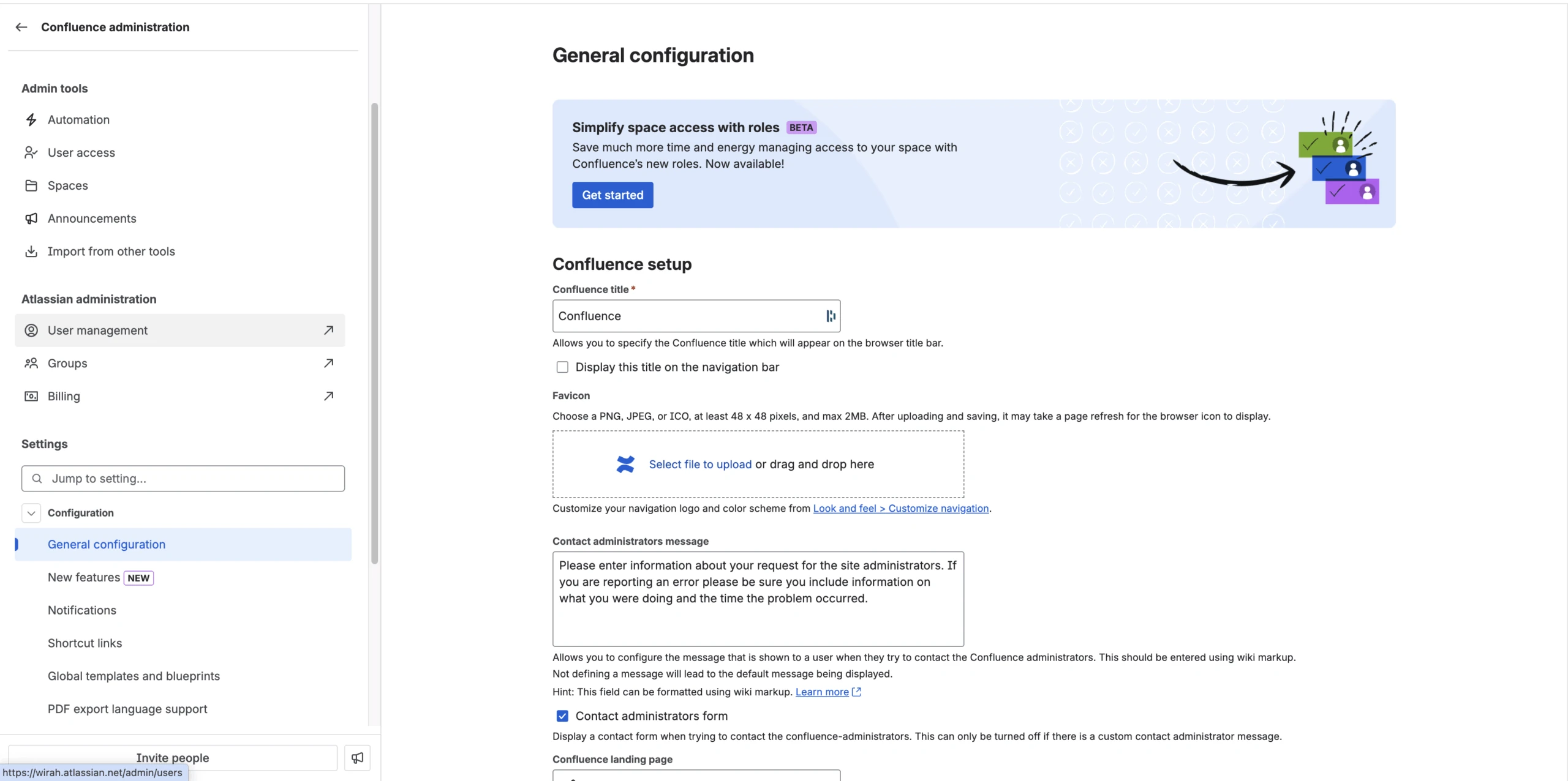 Confluence Cloud Administration – Bereich „General configuration“ mit Admin-Tools und Atlassian-Verwaltung in Confluence